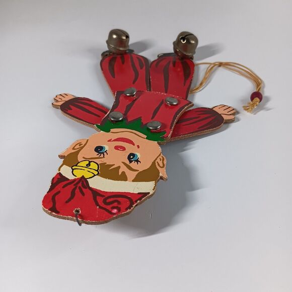 Vtg Wood Pull String Elf Ornament Toy Japan Christmas Holiday Decor Bells - Picture 8 of 8